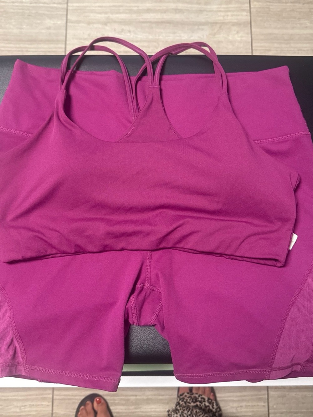 Fabletics Strappy Sports Bra and High-Waist Shorts Set in Magenta